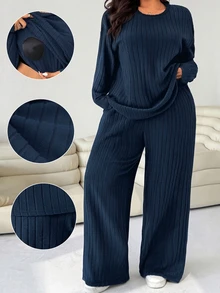 Solflare Plus Size Women Solid Color Round Neck Long Sleeve T-Shirt And Pants Casual 2 Pieces Set - Blue - View 1
