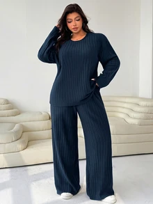Solflare Plus Size Women Solid Color Round Neck Long Sleeve T-Shirt And Pants Casual 2 Pieces Set - Blue - View 3