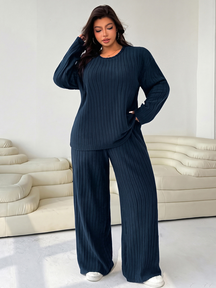 Solflare Plus Size Women Solid Color Round Neck Long Sleeve T-Shirt And Pants Casual 2 Pieces Set - Blue - View 3