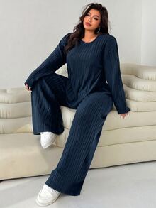 Solflare Plus Size Women Solid Color Round Neck Long Sleeve T-Shirt And Pants Casual 2 Pieces Set - Blue - View 5