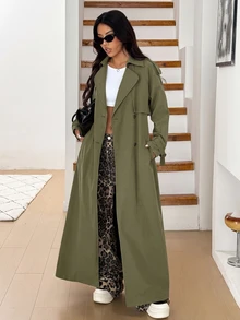 SHEIN EZwear 大尺碼女款純色雙排扣長袖休閒春秋風衣 - 軍綠色 - 查看 5
