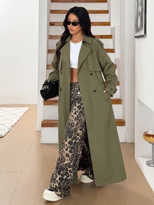 SHEIN EZwear 大尺碼女款純色雙排扣長袖休閒春秋風衣 - 軍綠色 - 查看 6