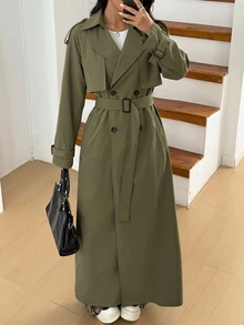 SHEIN EZwear 大尺碼女款純色雙排扣長袖休閒春秋風衣 - 軍綠色 - 查看 4