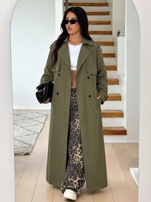 SHEIN EZwear 大尺碼女款純色雙排扣長袖休閒春秋風衣 - 軍綠色 - 查看 3
