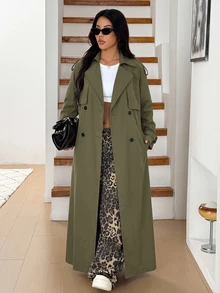 SHEIN EZwear 大尺碼女款純色雙排扣長袖休閒春秋風衣 - 軍綠色 - 查看 7
