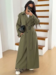 SHEIN EZwear 大尺碼女款純色雙排扣長袖休閒春秋風衣 - 軍綠色 - 查看 8