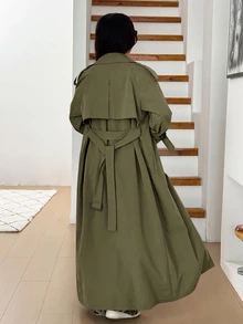 SHEIN EZwear 大尺碼女款純色雙排扣長袖休閒春秋風衣 - 軍綠色 - 查看 2