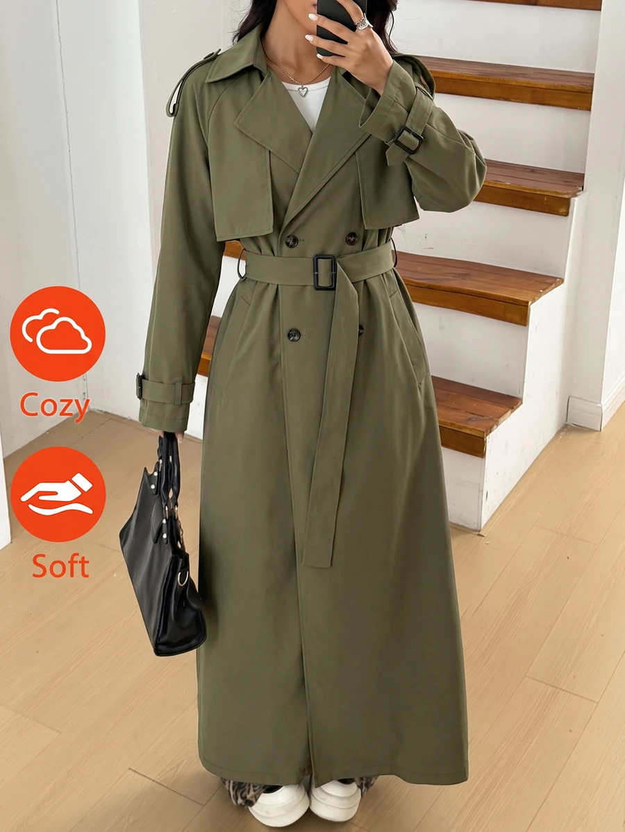 SHEIN EZwear 大尺碼女款純色雙排扣長袖休閒春秋風衣 - 軍綠色 - 查看 1