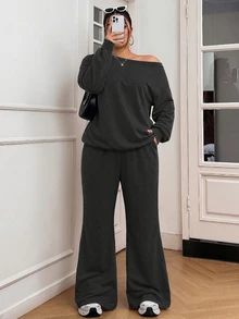 Solflare Plus Size Women Asymmetrical Neckline Loose Long Sleeve Top And Pants 2 Pieces Set - Grey - View 3