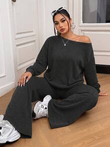 Solflare Plus Size Women Asymmetrical Neckline Loose Long Sleeve Top And Pants 2 Pieces Set - Grey - View 4