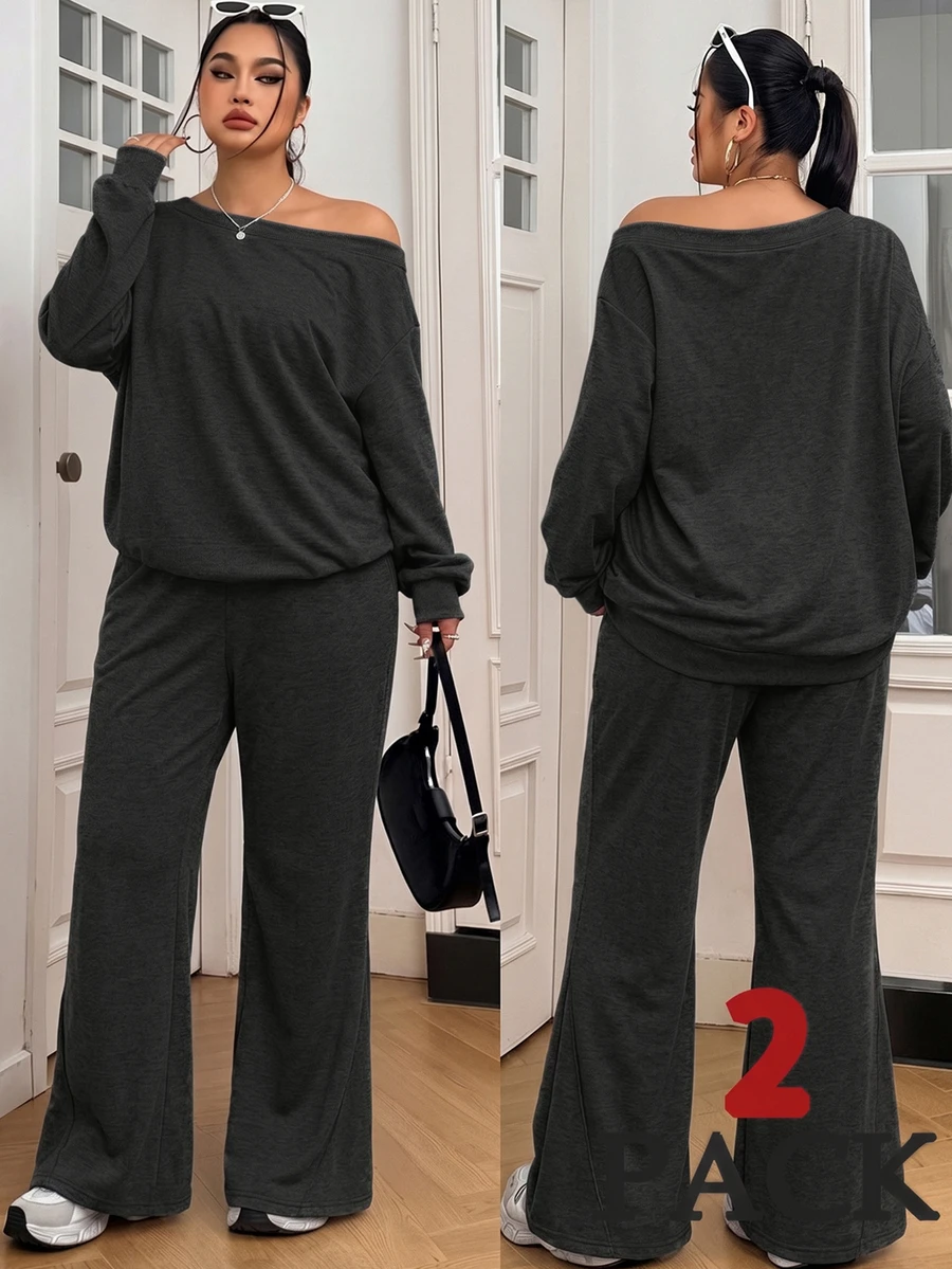 Solflare Plus Size Women Asymmetrical Neckline Loose Long Sleeve Top And Pants 2 Pieces Set - Grey - View 1