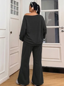 Solflare Plus Size Women Asymmetrical Neckline Loose Long Sleeve Top And Pants 2 Pieces Set - Grey - View 2