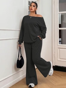 Solflare Plus Size Women Asymmetrical Neckline Loose Long Sleeve Top And Pants 2 Pieces Set - Grey - View 7