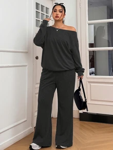 Solflare Plus Size Women Asymmetrical Neckline Loose Long Sleeve Top And Pants 2 Pieces Set - Grey - View 6