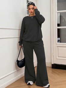 Solflare Plus Size Women Asymmetrical Neckline Loose Long Sleeve Top And Pants 2 Pieces Set - Grey - View 5