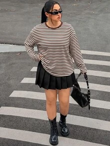 Muchica 大尺碼女款圓領條紋長袖T恤，適合約會、度假、派對、日常出遊、聚會、戶外活動 - 棕色 - 查看 4