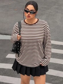 Muchica 大尺碼女款圓領條紋長袖T恤，適合約會、度假、派對、日常出遊、聚會、戶外活動 - 棕色 - 查看 3