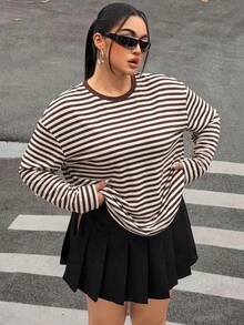 Muchica 大尺碼女款圓領條紋長袖T恤，適合約會、度假、派對、日常出遊、聚會、戶外活動 - 棕色 - 查看 6
