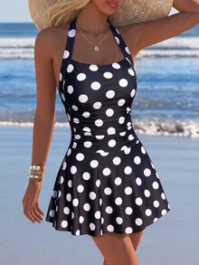 Swim Lushoire Women's Polka Dot Ruffle Halter Neck Dress & Bikini Bottom Two-Piece Swimsuit Set, Suitable For Summer Vacation And Beach - Black and White - View 3