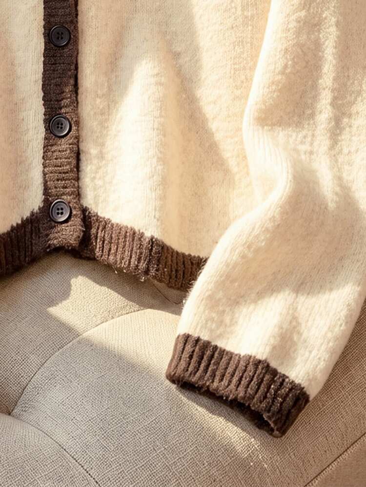 Rusticease Women's Autumn/Winter Casual Cottagecore Colorblock Trim Floral Embroidered Cardigan Party Everyday Brown Floral - Apricot - View 7