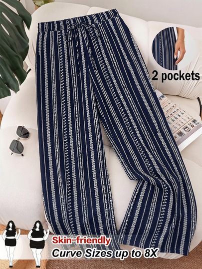 SHEIN Frenchy Plus Size Women's Navy Blue Striped Wide-Leg Pants, Summer Boho Holiday Beach Wear, Elegant Business Casual Commuter Fashion With Pockets Fall