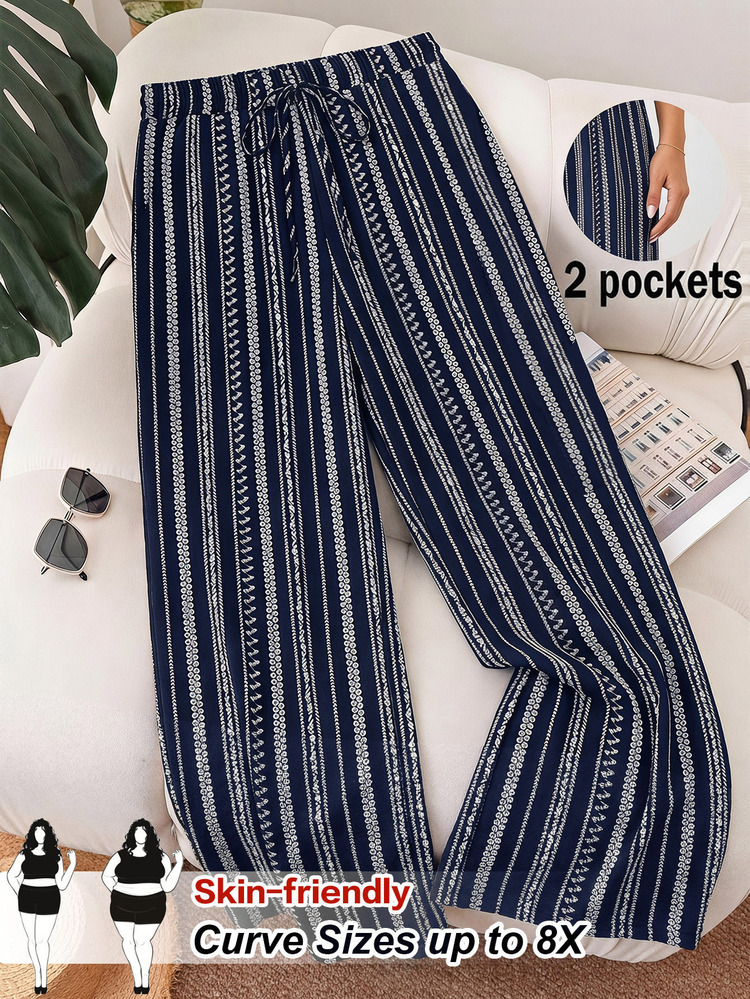 SHEIN Frenchy Plus Size Women's Navy Blue Striped Wide-Leg Pants, Summer Boho Holiday Beach Wear, Elegant Business Casual Commuter Fashion With Pockets Fall - Navy Blue - View 1