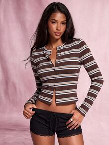 Nooralise Fashionable Sporty Style Multi-Color Striped Button-Up Cardigan T-Shirt - Multicolor - View 1