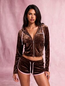 Nooralise Fashion Sexy Hot Girl Y2K Sporty Style Solid Color Diamond Velvet Fabric Contrast Color Webbing Hooded Zip-Up Cardigan Jacket And Slim Fit Shorts 2 Pieces Set - Brown - View 3