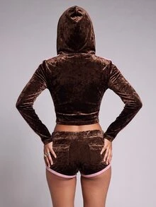 Nooralise Fashion Sexy Hot Girl Y2K Sporty Style Solid Color Diamond Velvet Fabric Contrast Color Webbing Hooded Zip-Up Cardigan Jacket And Slim Fit Shorts 2 Pieces Set - Brown - View 2