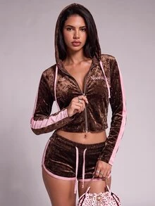 Nooralise Fashion Sexy Hot Girl Y2K Sporty Style Solid Color Diamond Velvet Fabric Contrast Color Webbing Hooded Zip-Up Cardigan Jacket And Slim Fit Shorts 2 Pieces Set - Brown - View 6