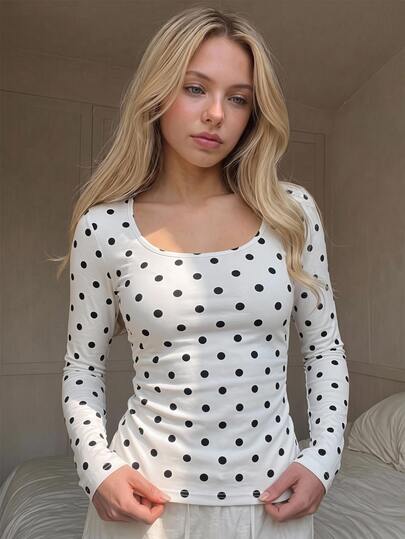 SHEIN Teen Girls Teen Girl Autumn/Winter Polka Dot Knit Square Neck Fitted Waist Ruched Long Sleeve Casual Versatile Fashion Minimalist T-Shirt Top