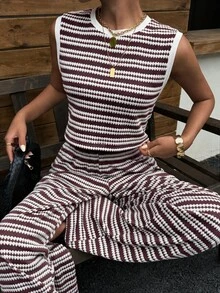 Muchica Women's Striped Crew Neck Tank Top And Wide Leg Pants Casual Set - Brown - View 6
