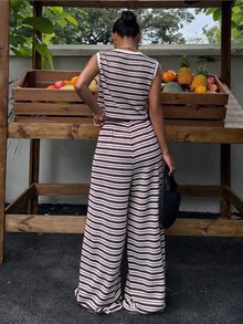 Muchica Women's Striped Crew Neck Tank Top And Wide Leg Pants Casual Set - Brown - View 2