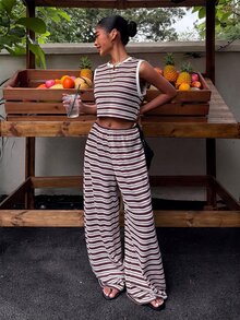 Muchica Women's Striped Crew Neck Tank Top And Wide Leg Pants Casual Set - Brown - View 5
