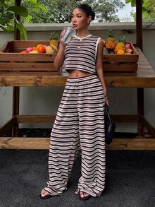 Muchica Women's Striped Crew Neck Tank Top And Wide Leg Pants Casual Set - Brown - View 4