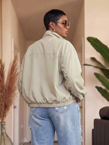 Slaydiva Plus Size Women's Jacket, Beige Half Zip Double Pocket Plus Size Stand Collar Windbreaker - Apricot - View 2