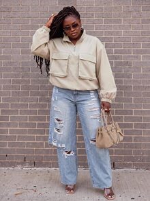 Slaydiva Plus Size Women's Jacket, Beige Half Zip Double Pocket Plus Size Stand Collar Windbreaker - Apricot - View 9