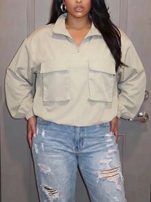 Slaydiva Plus Size Women's Jacket, Beige Half Zip Double Pocket Plus Size Stand Collar Windbreaker - Apricot - View 4