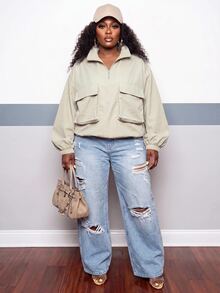 Slaydiva Plus Size Women's Jacket, Beige Half Zip Double Pocket Plus Size Stand Collar Windbreaker - Apricot - View 6