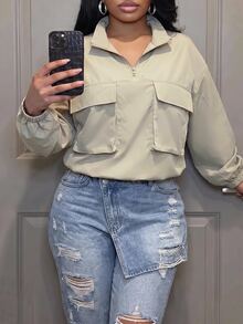 Slaydiva Plus Size Women's Jacket, Beige Half Zip Double Pocket Plus Size Stand Collar Windbreaker - Apricot - View 7
