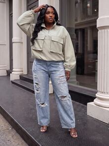 Slaydiva Plus Size Women's Jacket, Beige Half Zip Double Pocket Plus Size Stand Collar Windbreaker - Apricot - View 8