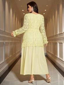 Reflora Gaun Malam Ukuran Besar Elegan Gaya Prancis dengan Bordir Motif Langit, Leher Persegi Berongga, Cocok untuk Pesta Pernikahan Musim Gugur, Ulang Tahun, Warna Kuning Lembut - Kuning - View 9