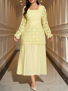 Reflora Gaun Malam Ukuran Besar Elegan Gaya Prancis dengan Bordir Motif Langit, Leher Persegi Berongga, Cocok untuk Pesta Pernikahan Musim Gugur, Ulang Tahun, Warna Kuning Lembut - Kuning - View 5