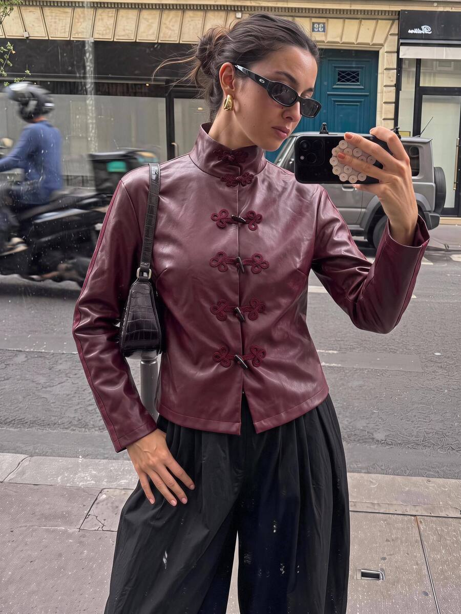 Maija Deep Burgundy Women's Leather Jacket, Fall, New Chinese Style ...