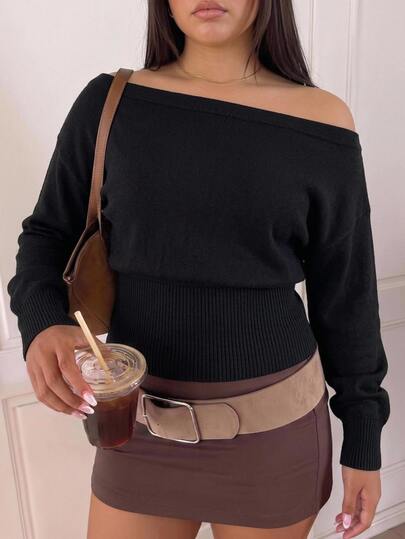 Comfortcana Top de punto formal para noche en talla grande, estilo streetwear casual elegante, negro, cuello asimétrico, hombro inclinado asimétrico y cintura ceñida, otoño/invierno