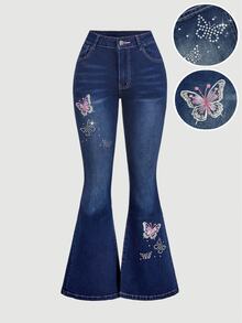 Sweetra Celana Jeans Model Flare dengan Bordir Kupu-kupu - Biru - View 1