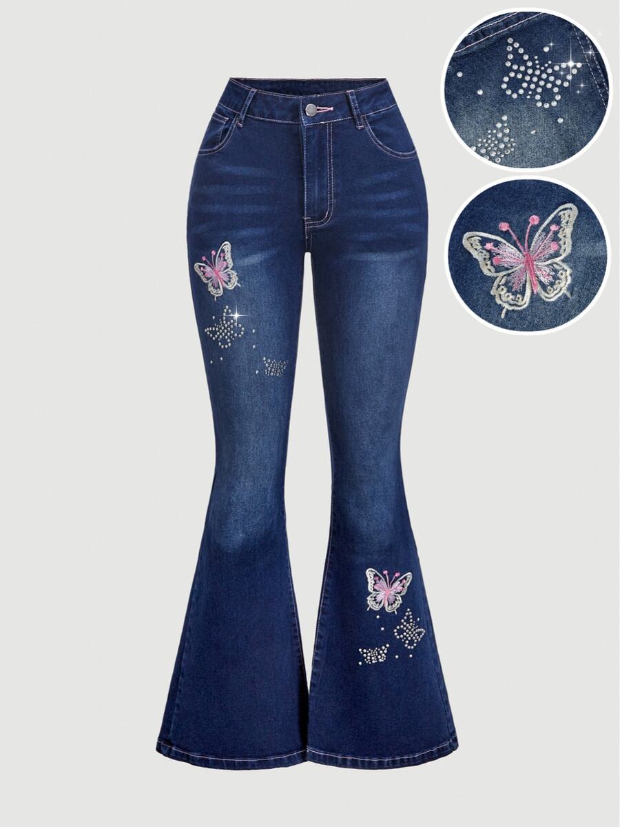 Sweetra Celana Jeans Model Flare dengan Bordir Kupu-kupu - Biru - View 1