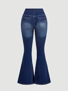 Sweetra Celana Jeans Model Flare dengan Bordir Kupu-kupu - Biru - View 2