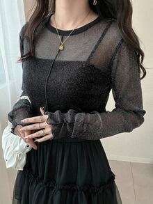 FRIFUL 女士休闲修身透视网纱叠层长袖上衣，高领设计，袖口和下摆均有弹性装饰，秋季百搭 - 黑色 - 查看 5