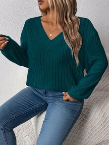 Plus Size Women Loose V-Neck Wide Ribbed Casual Pullover Sweatshirt, Autumn/Winter Graduation,Back To School,Graduation,Teacher,Back To School Fall - Green - View 7